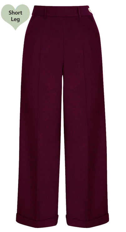 Short 1930s and 40s Classic High Waist Wide Leg Trousers in Burgundy