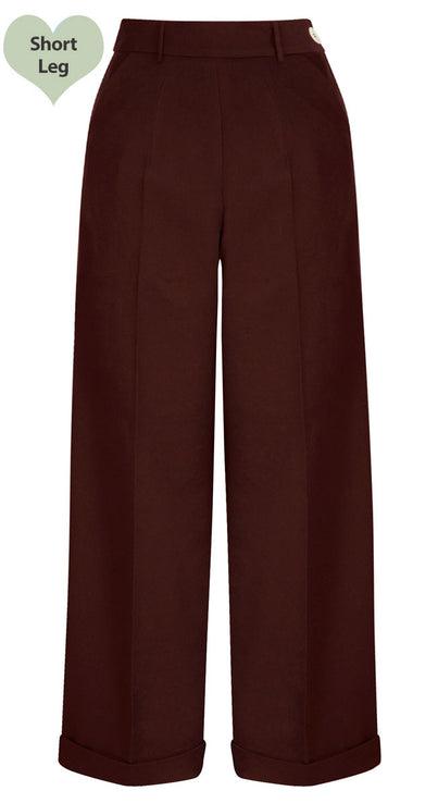 Short 1930s and 40s Classic High Waist Wide Leg Trousers in Brown