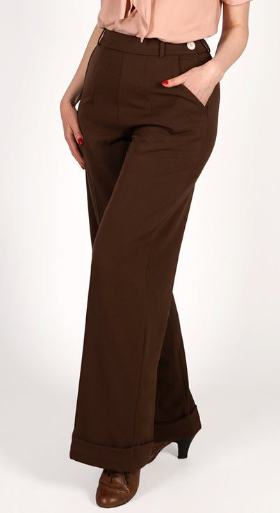 Short 1930s and 40s Classic High Waist Wide Leg Trousers in Brown