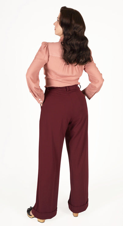 Short 1930s and 40s Classic High Waist Wide Leg Trousers in Burgundy