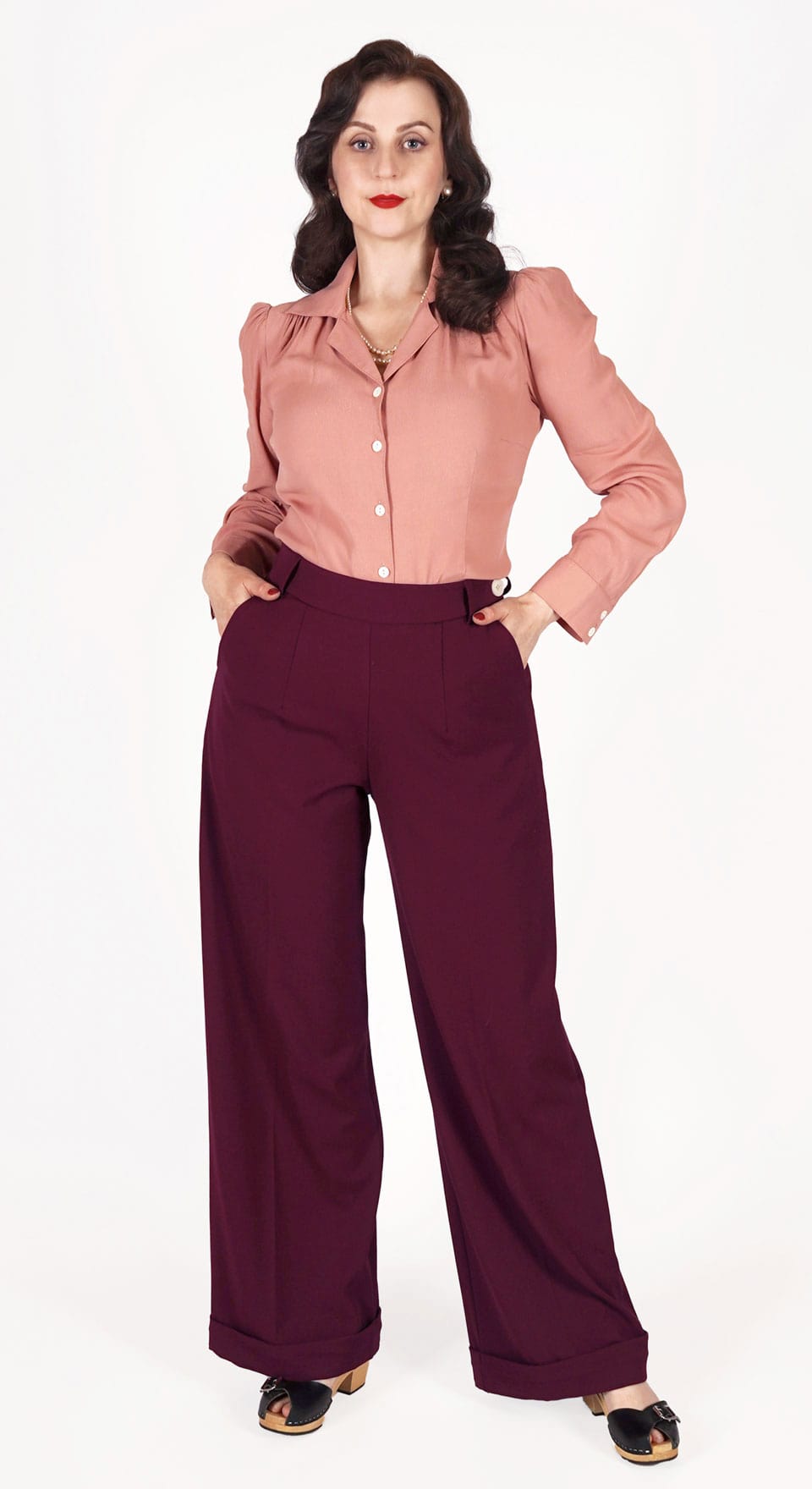 Vintage Inspired High Waisted Wide Leg Trousers in Burgundy- 1930s & 40s style | Weekend Doll