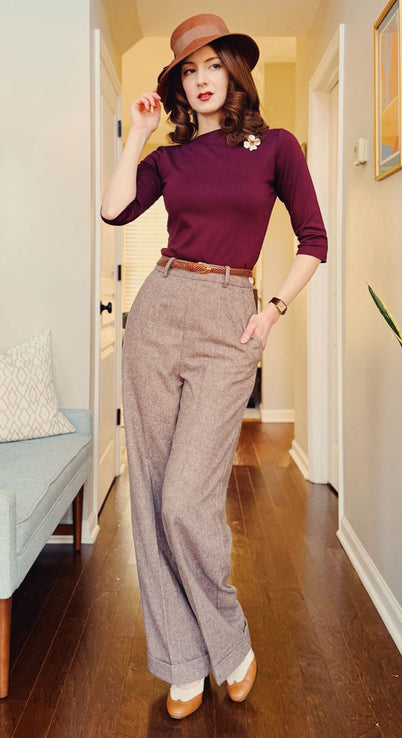 Brown High Waisted Wide Leg Herringbone Wool Trousers - 1930s & 40s style | Weekend Doll