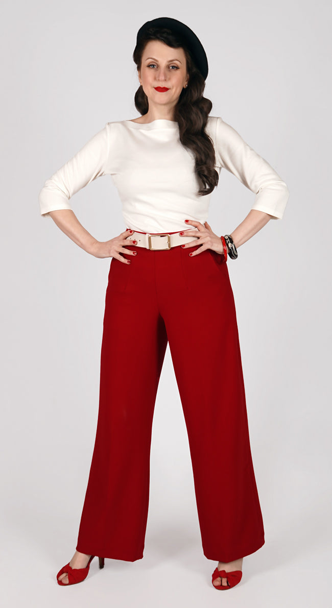 Red Crepe High Waisted Wide Leg Trousers - 1940s Katherine Hepburn style | Weekend Doll