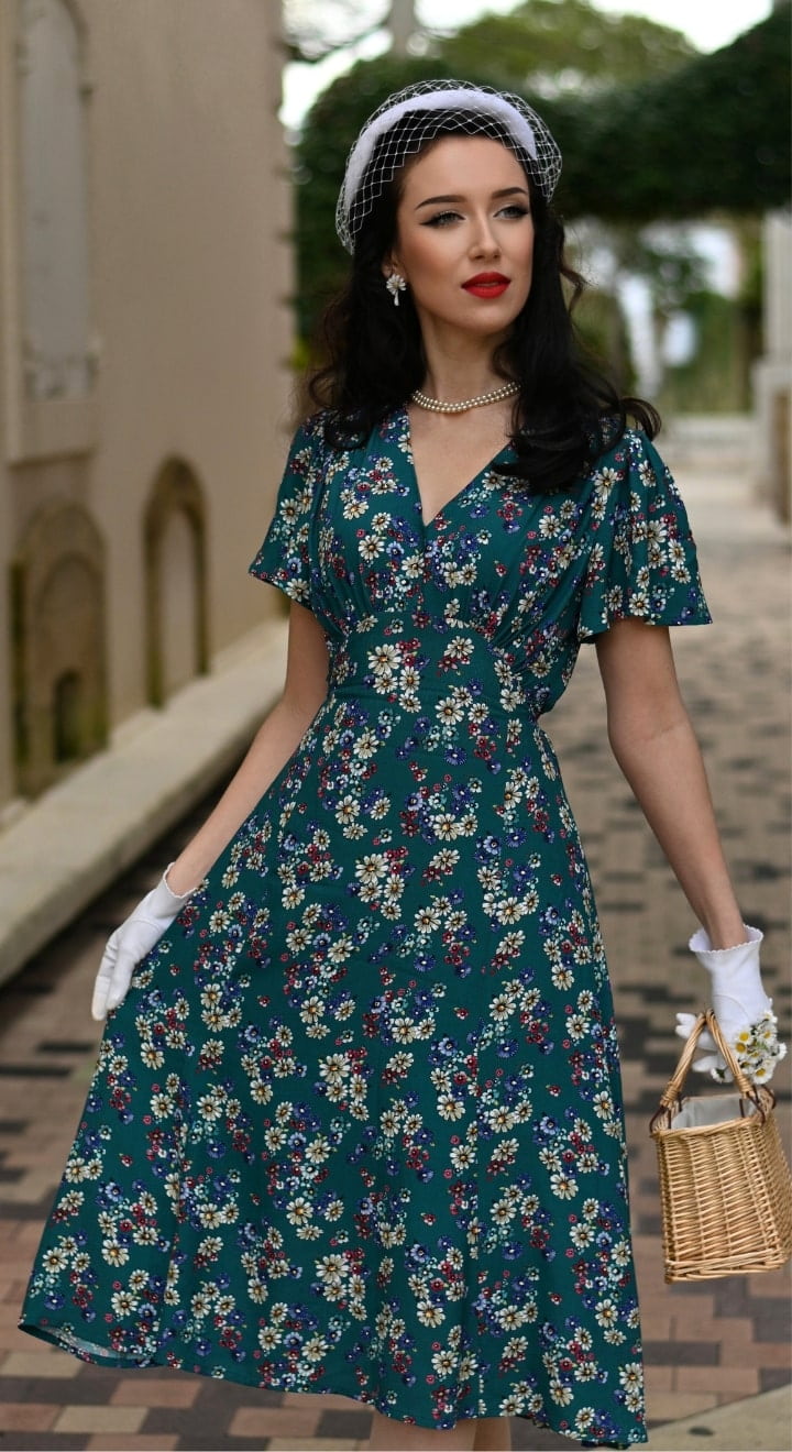 Vintage inspired Viscose Crepe 1940s Style Teal Floral Print Tea Dress 