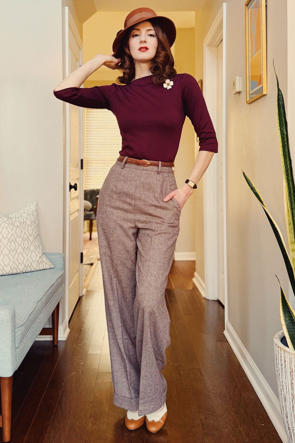 50s Style Quarter Sleeves Janet Slash Neck Top In Burgundy  | Retro Pin Up Style | Weekend Doll 