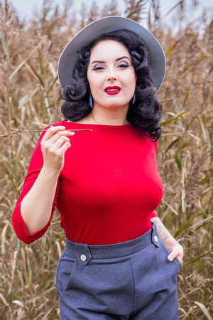 50s Style Quarter Sleeves Janet Slash Neck Top In Red | Retro Pin Up Style | Weekend Doll 