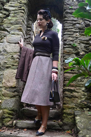 Brown Herringbone Wool Blend Skirt | 1940s-Inspired A-Line Vintage Fashion | Weekend Doll  