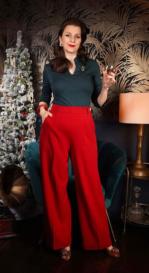 Red High Waisted Wide Leg Trousers - 1930s & 40s style | Weekend Doll