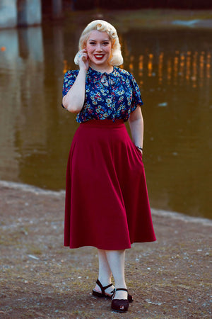 1940s style Below Knee length A line Skirt in Burgundy Weekend Doll