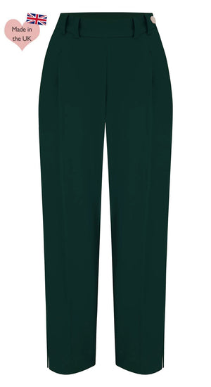 Bottle Green High Waist Tapered Ankle-Length Trousers with Press Creases | 1940s and 50s Style  | Weekend Doll 