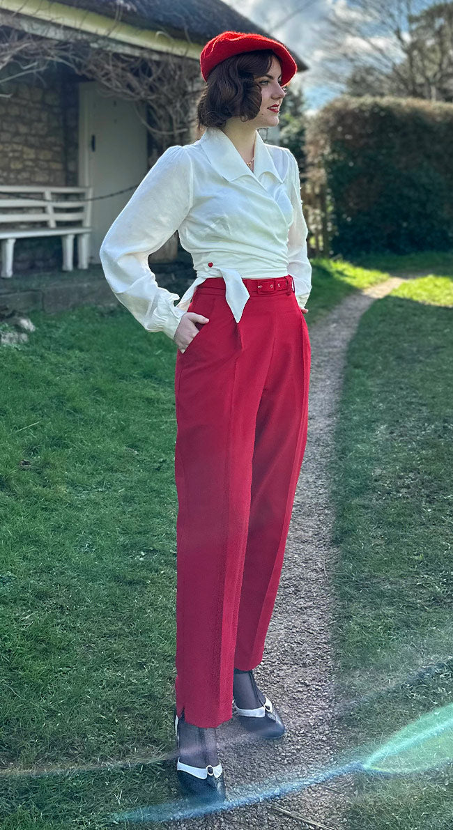 Red High Waist Tapered Ankle-Length Trousers with Press Creases | 1940s and  50s Style | Weekend Doll