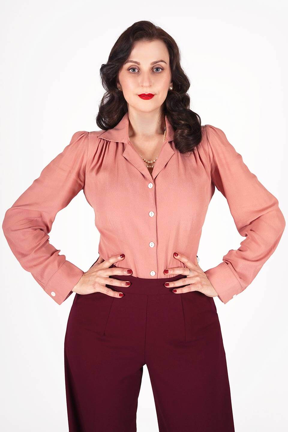 Long Sleeve Classic Blouse in Rose, Made in Sustainable Viscose Crepe | 1940s Style | Weekend Doll  