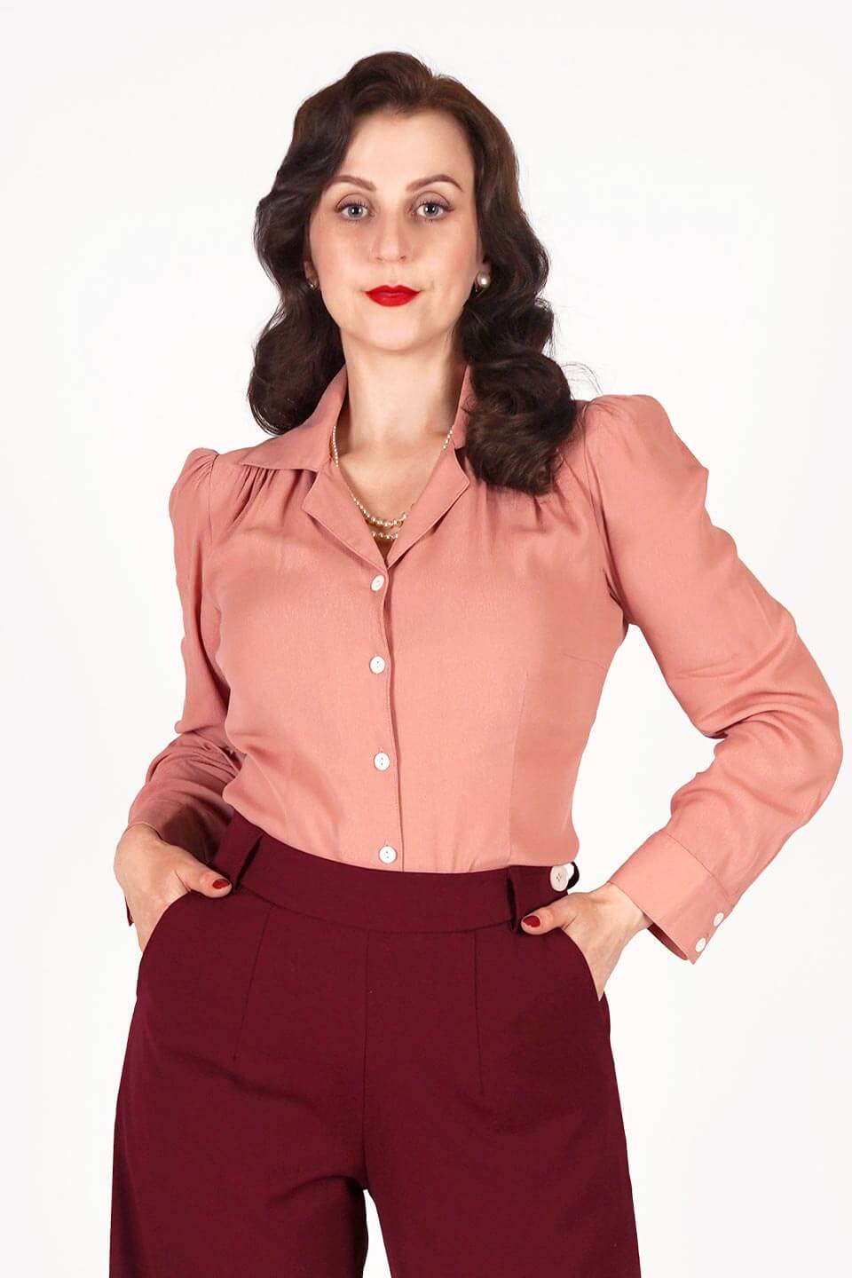 Long Sleeve Classic Blouse in Rose, Made in Sustainable Viscose Crepe | 1940s Style | Weekend Doll  