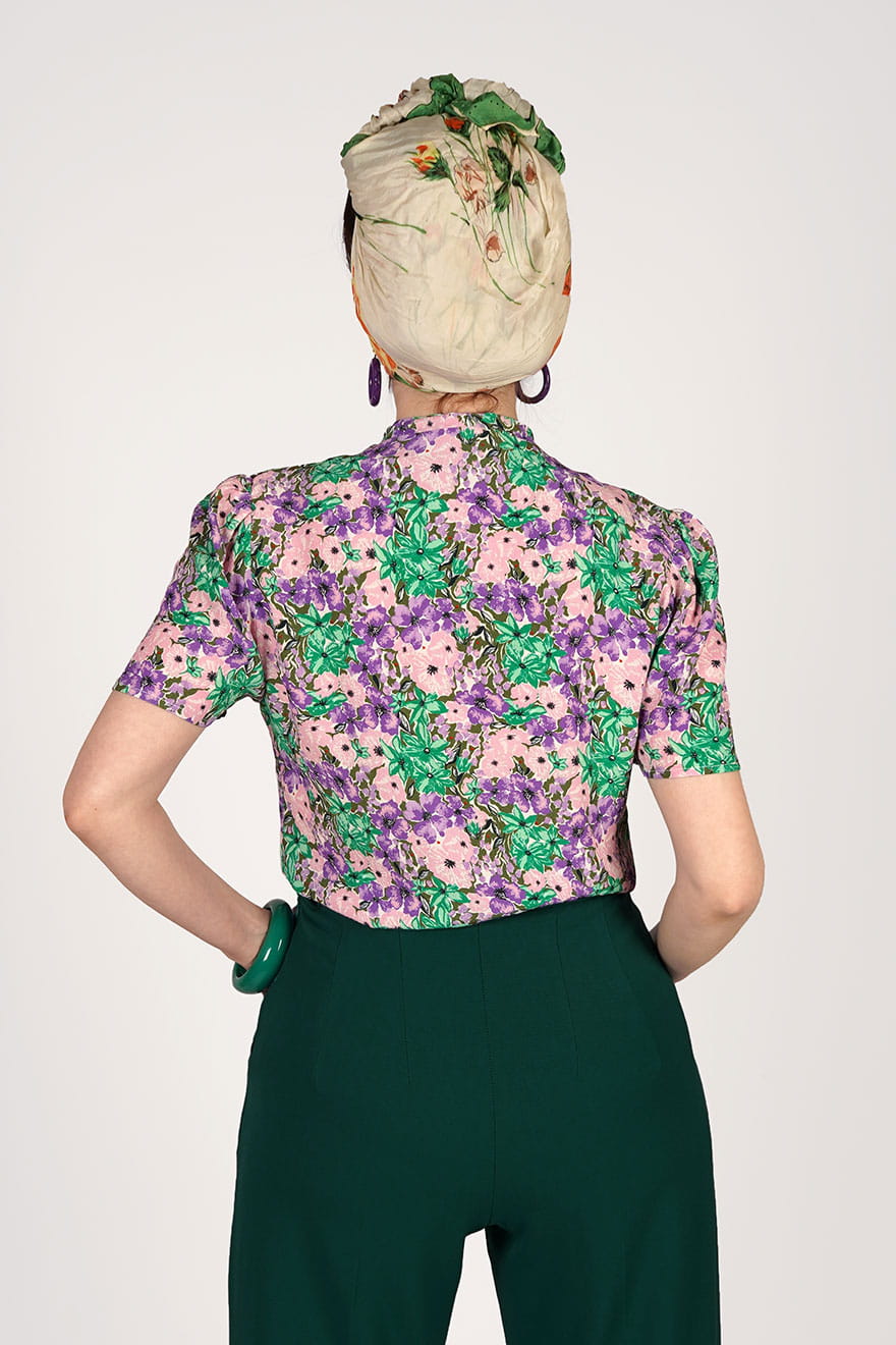 1940s and 50s Style Short Sleeve Pussy Bow Blouse In Ditsy Pink Floral  Print  | Vintage Inspired | Weekend Doll 