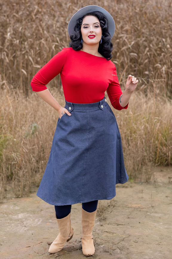 50s Style Quarter Sleeves Janet Slash Neck Top In Red | Retro Pin Up Style | Weekend Doll 