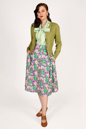 Vintage 1940s Style Crepe Knee-length A-line Skirt in Spring Garden Print | Weekend Doll  