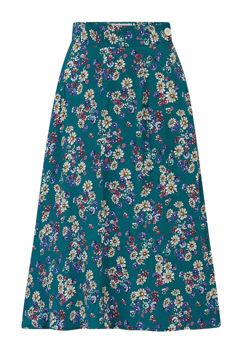 Vintage 1940s Style Crepe Knee-length A-line Skirt in Teal Floral Print | Weekend Doll  