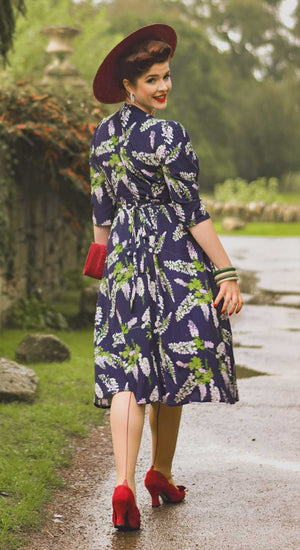 Vintage Inspired Navy Wisteria Print Knee Length Tea Dress | 1930s & 1940s Style | Weekend Doll 