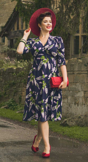 Vintage Inspired Navy Wisteria Print Knee Length Tea Dress | 1930s & 1940s Style | Weekend Doll 