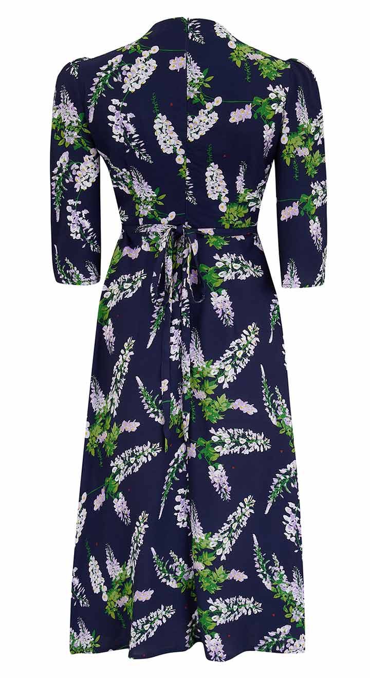 Vintage Inspired Navy Wisteria Print Knee Length Tea Dress | 1930s & 1940s Style | Weekend Doll 