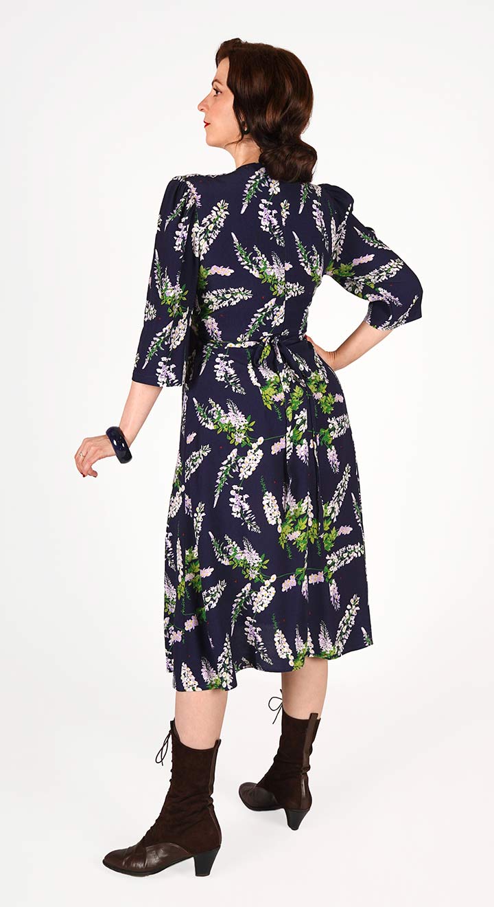 Vintage Inspired Navy Wisteria Print Knee Length Tea Dress | 1930s & 1940s Style | Weekend Doll 