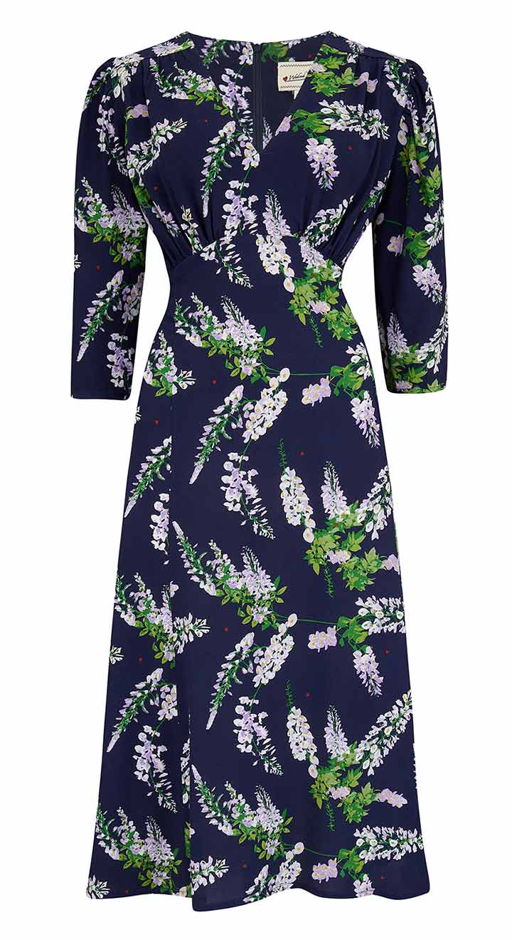 Vintage Inspired Navy Wisteria Print Knee Length Tea Dress | 1930s & 1940s Style | Weekend Doll 