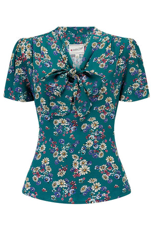 1940s and 50s Style Short Sleeve Pussy Bow Blouse In Teal Daisy Print  | Vintage Inspired | Weekend Doll 