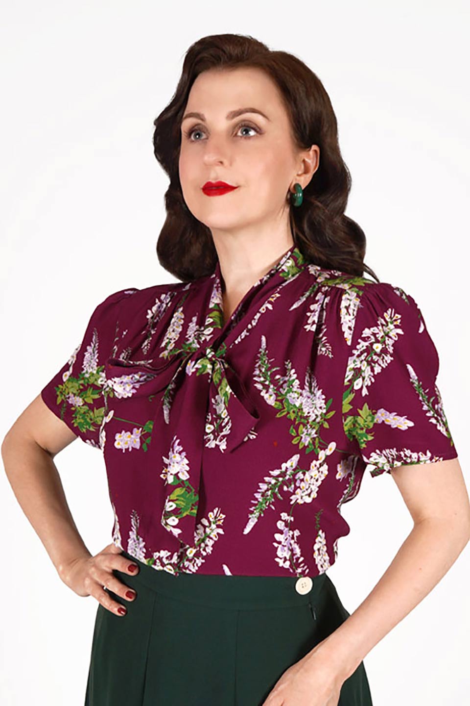 1940s and 50s Style Short Sleeve Pussy Bow Blouse In Burgundy Wisteria Print  | Vintage Inspired | Weekend Doll 