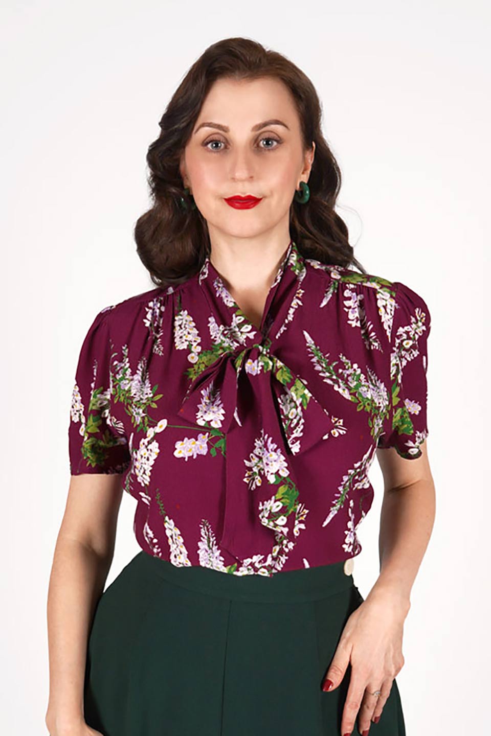 1940s and 50s Style Short Sleeve Pussy Bow Blouse In Burgundy Wisteria Print  | Vintage Inspired | Weekend Doll 