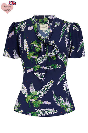 1940s and 50s Style Short Sleeve Pussy Bow Blouse In Navy Wisteria 