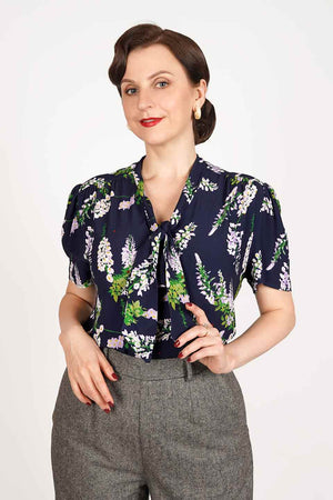 1940s and 50s Style Short Sleeve Pussy Bow Blouse In Navy Wisteria 