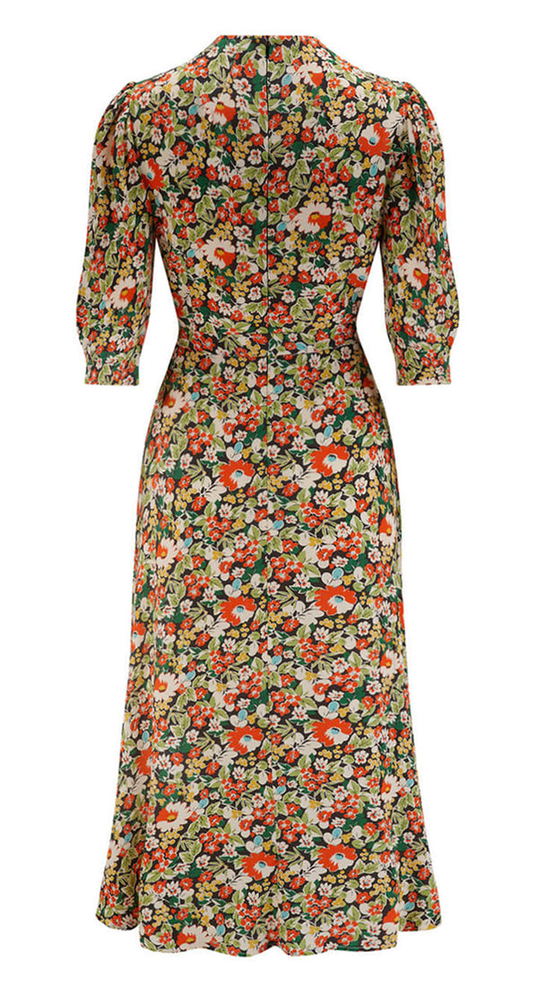 Vintage Inspired High Neck Line Three Quarter Sleeve Autumnal Floral ...