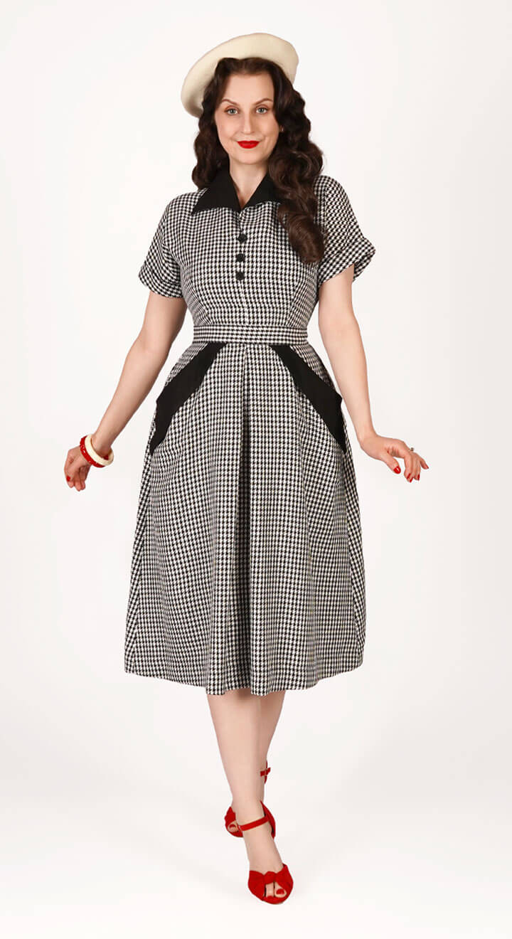 Vintage Inspired Black and White Dogtooth Knee Length Shirt Dress 1940s 1950s Style Weekend Doll