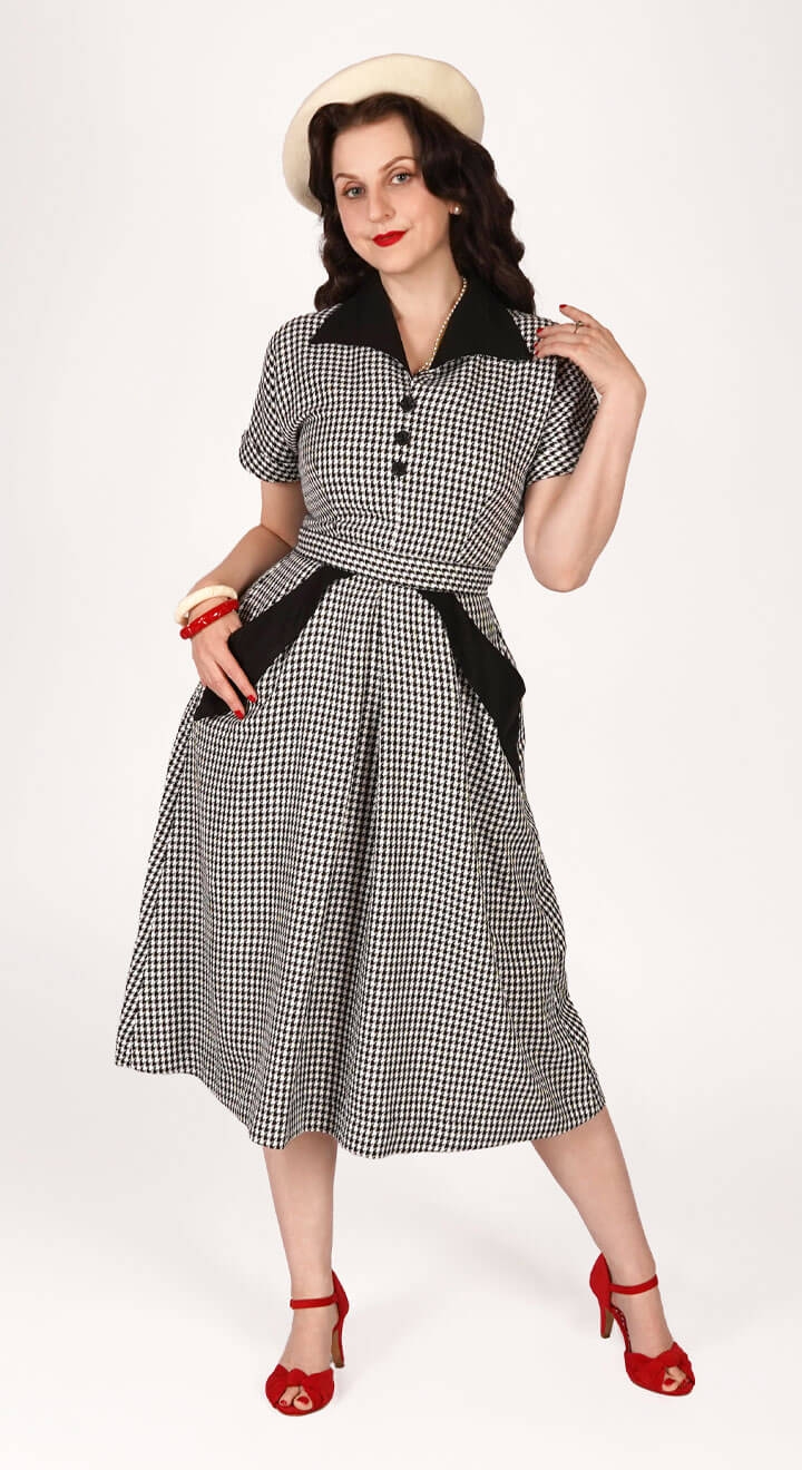 Vintage Inspired Black and White Dogtooth Knee Length Shirt Dress  | 1940s & 1950s Style | Weekend Doll 