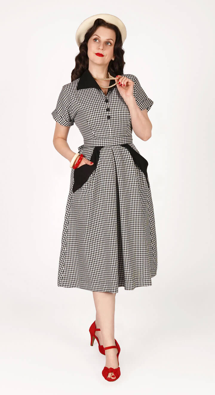 Vintage Inspired Black and White Dogtooth Knee Length Shirt Dress  | 1940s & 1950s Style | Weekend Doll 