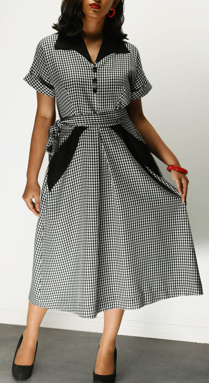 Vintage Inspired Black and White Dogtooth Knee Length Shirt Dress  | 1940s & 1950s Style | Weekend Doll 