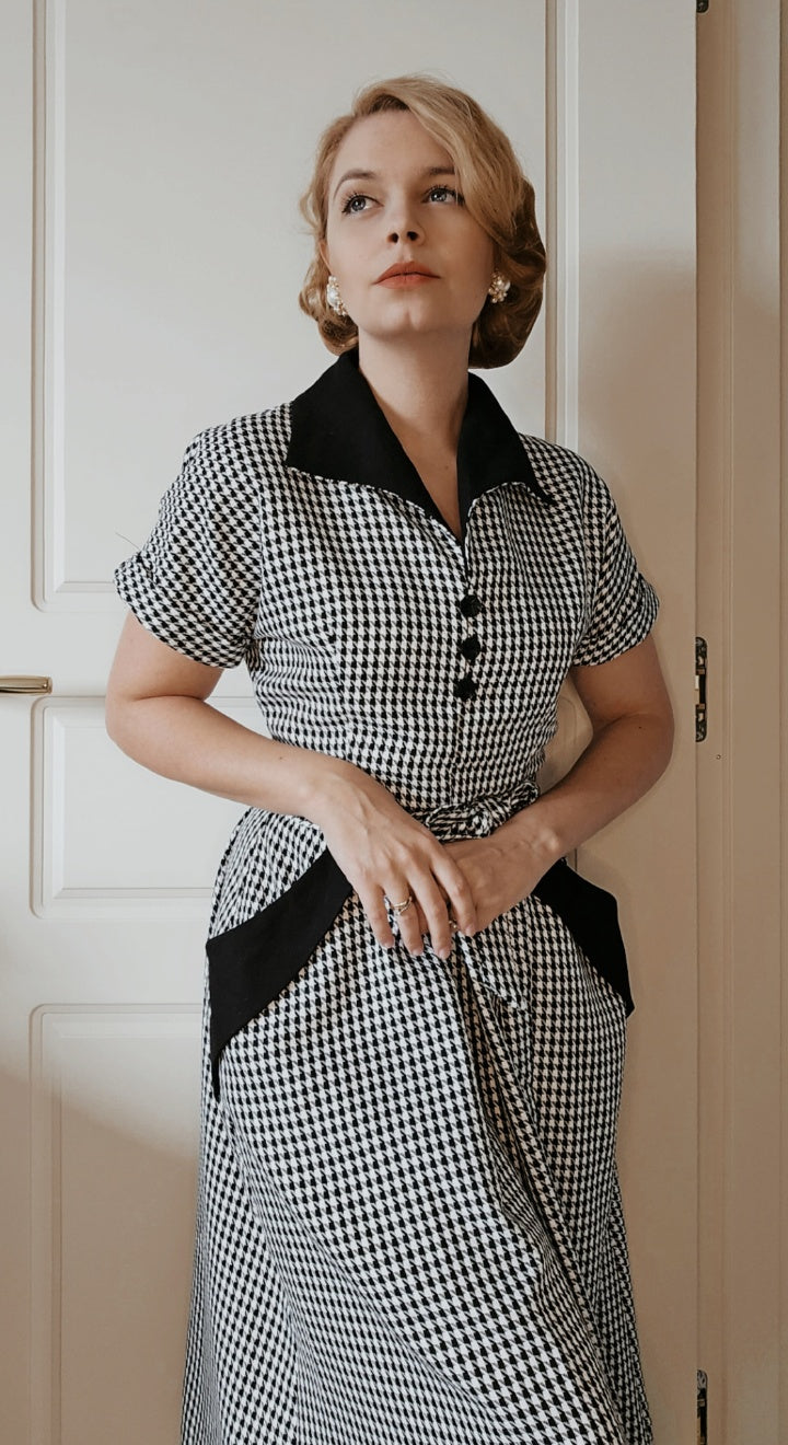 Vintage Inspired Black and White Dogtooth Knee Length Shirt Dress  | 1940s & 1950s Style | Weekend Doll 