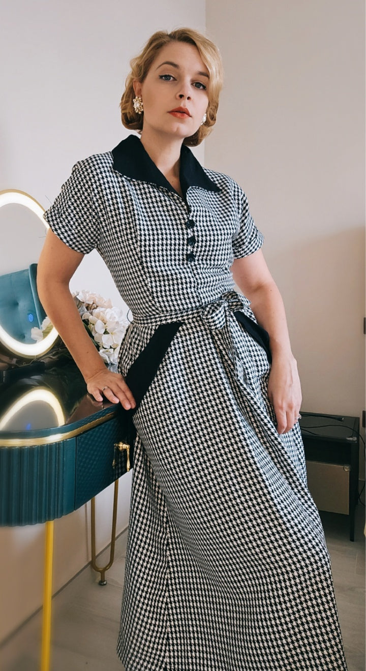 Vintage Inspired Black and White Dogtooth Knee Length Shirt Dress  | 1940s & 1950s Style | Weekend Doll 