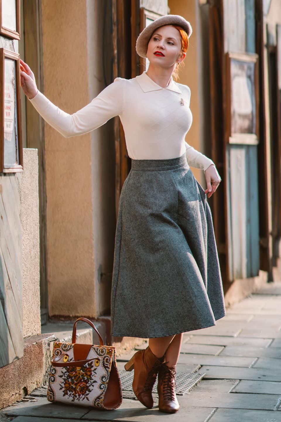 1940s Style Wool Blend Herringbone A line Skirt in Grey and Vintage Style Collar Sweater in Cream Outfit 