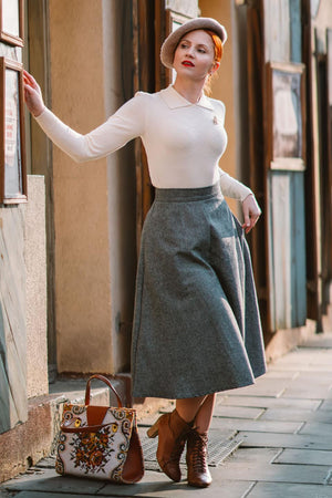 1940s Style Wool Blend Herringbone A line Skirt in Grey and Vintage Style Collar Sweater in Cream Outfit 