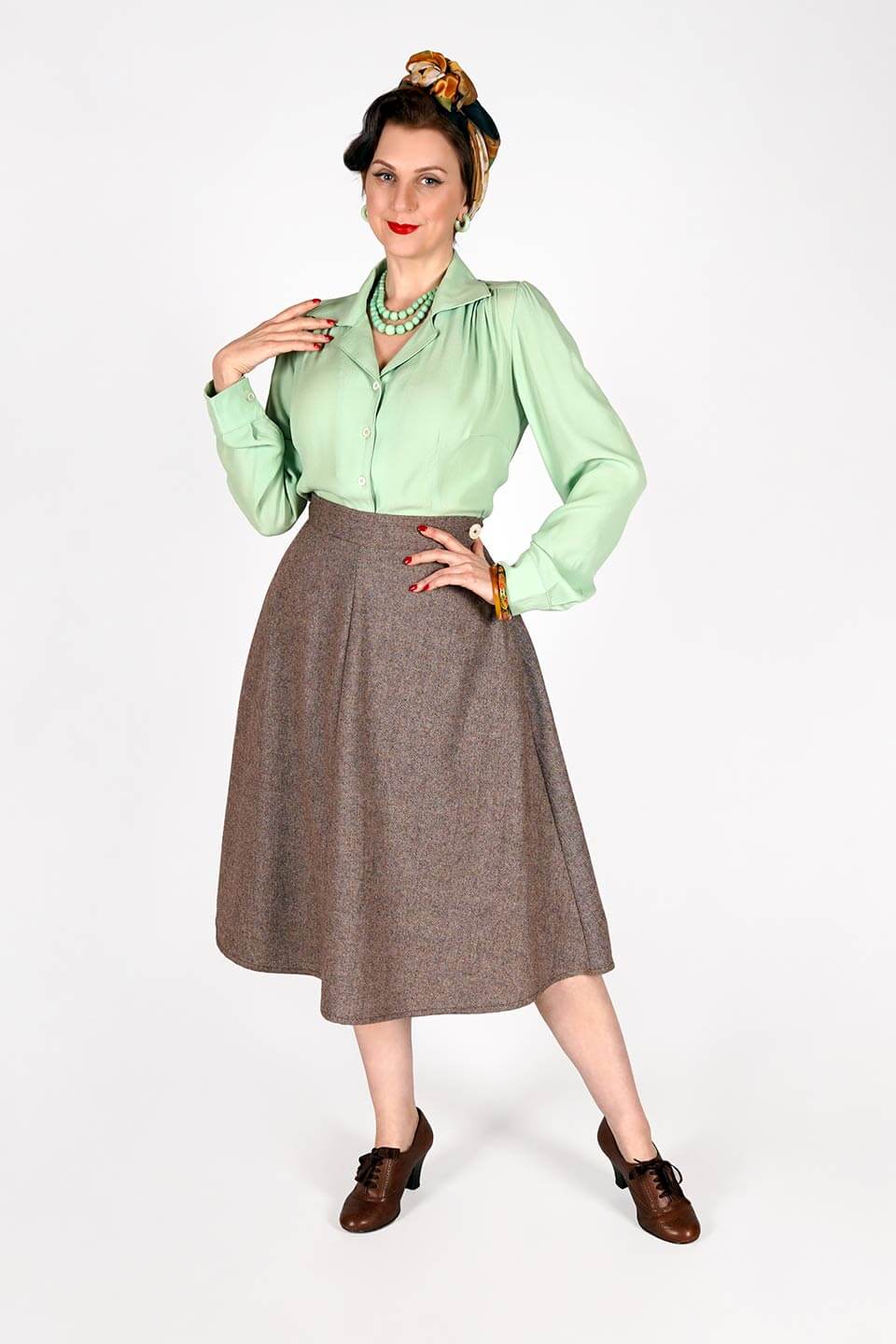 Brown Herringbone Wool Blend Skirt | 1940s-Inspired A-Line Vintage Fashion | Weekend Doll 