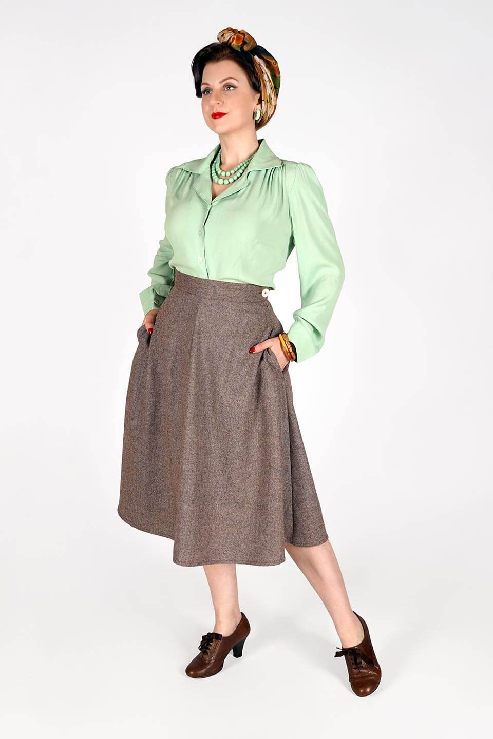 Brown Herringbone Wool Blend Skirt | 1940s-Inspired A-Line Vintage Fashion | Weekend Doll 