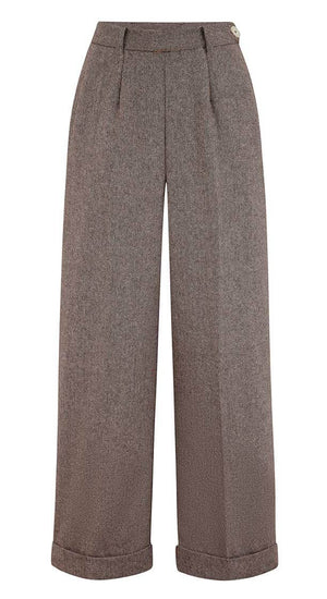 Brown High Waisted Wide Leg Herringbone Wool Trousers - 1930s & 40s style | Weekend Doll