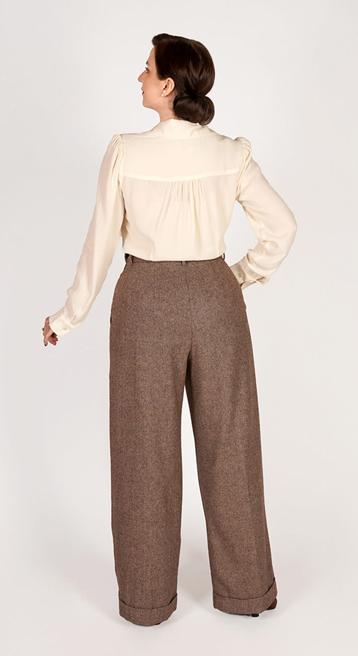 Brown High Waisted Wide Leg Herringbone Wool Trousers - 1930s & 40s style | Weekend Doll