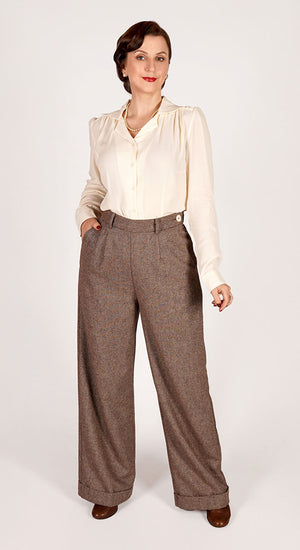 Brown High Waisted Wide Leg Herringbone Wool Trousers - 1930s & 40s style | Weekend Doll