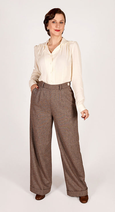 Brown High Waisted Wide Leg Herringbone Wool Trousers - 1930s & 40s style | Weekend Doll