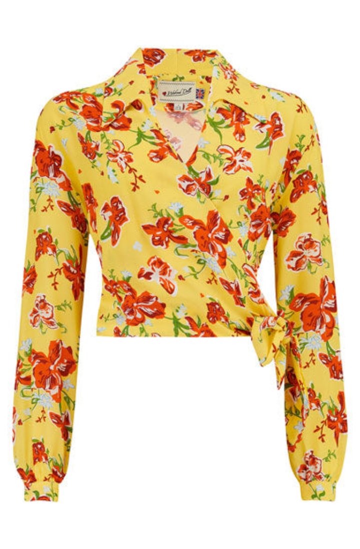 Vintage Inspired Grace Wrap Blouse In Yellow Iris Print | 1940s and 50s Style | Weekend Doll 