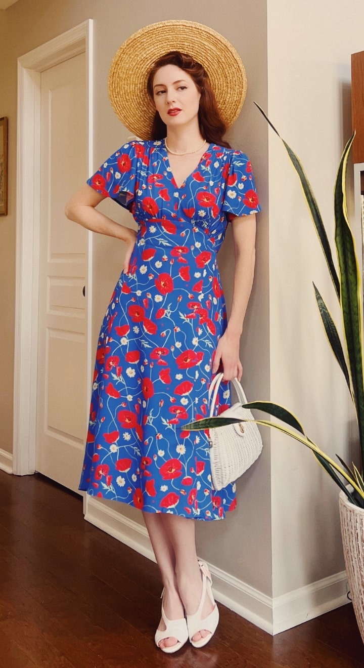 Vintage-Inspired 1930s & 1940s Knee-Length Tea Dress – Blue & Red Poppy Print | Weekend Doll