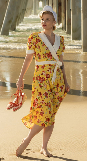 Vintage inspired Yellow and Red Floral Print Crossover Dress Weekend Doll 