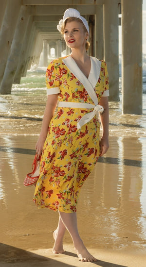 Vintage inspired Yellow and Red Floral Print Crossover Dress Weekend Doll 